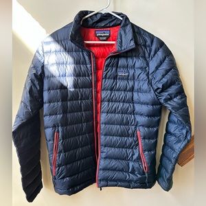 Blue/Ramble Red Patagonia Down Sweater Puffer jacket, Size Medium